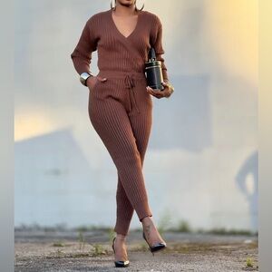 Brown Ribbed Knit Jumpsuit